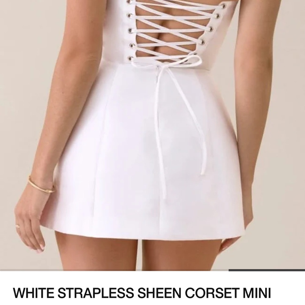 HEIRESS WHITE STRAPLESS SHEEN CORSET MINI DRESS